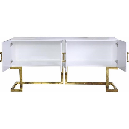Beth Collection Modern | Contemporary Sideboard Buffet, Rich Gold Stainless Steel Base, White Laquer Finish, 64" W x 18" D x 31" H, Cabinet