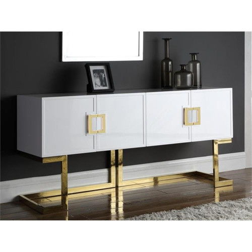 Beth Collection Modern | Contemporary Sideboard Buffet, Rich Gold Stainless Steel Base, White Laquer Finish, 64" W x 18" D x 31" H, Cabinet