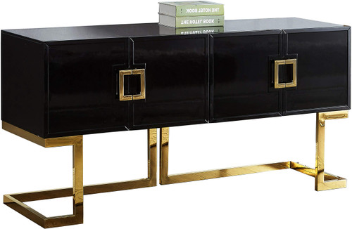 Beth Collection Modern | Contemporary Sideboard Buffet, Rich Gold Stainless Steel Base, Black Laquer Finish, 64" W x 18" D x 31" H, Cabinet
