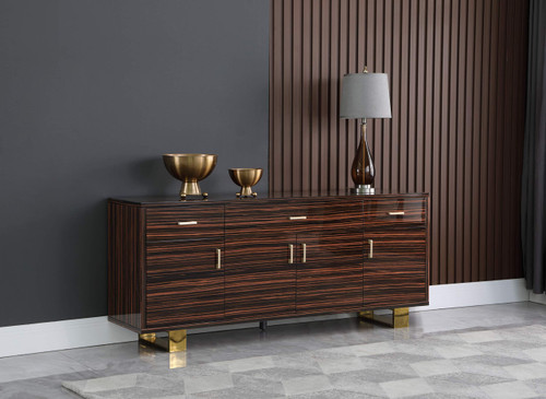 357 Excel Collection Modern | Contemporary Wood Frame Sideboard/Buffet Table with Durable Stainless Steel Base, Brown Zebra Wood Lacquer, Gold Finish, 72" W x 18" D x 31" H