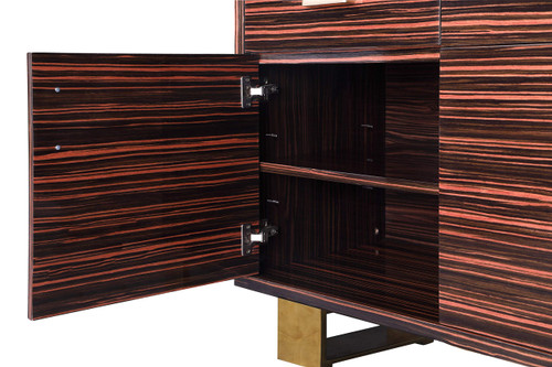 357 Excel Collection Modern | Contemporary Wood Frame Sideboard/Buffet Table with Durable Stainless Steel Base, Brown Zebra Wood Lacquer, Gold Finish, 72" W x 18" D x 31" H
