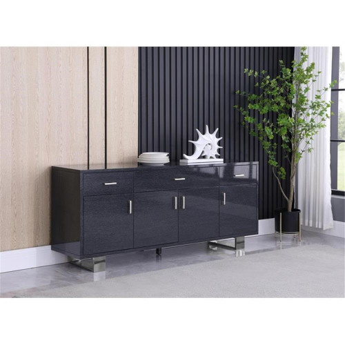 359 Excel Collection Modern | Contemporary Wood Frame Sideboard/Buffet Table with Durable Stainless Steel Base, Grey Oak Veneer Lacquer Top, Chrome Finish, 72" W x 18" D x 31" H