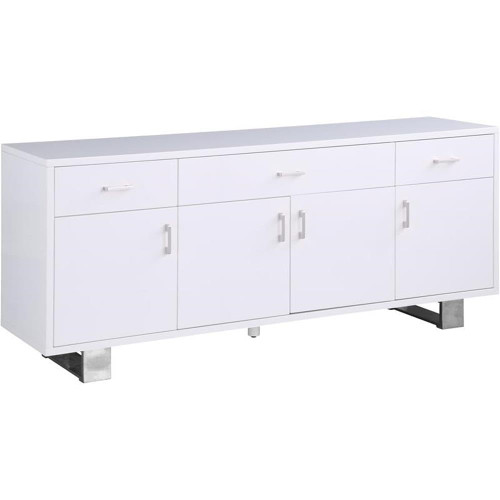 358 Excel Collection Modern | Contemporary Wood Frame Sideboard/Buffet Table with Durable Stainless Steel Base, Rich White Lacquer Top, Chrome Finish, 72" W x 18" D x 31" H