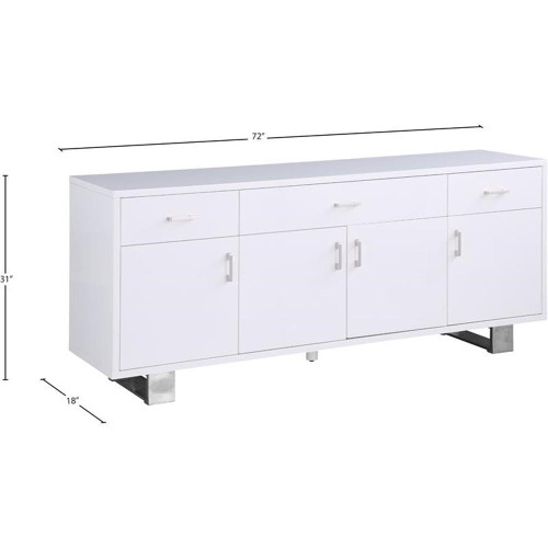 358 Excel Collection Modern | Contemporary Wood Frame Sideboard/Buffet Table with Durable Stainless Steel Base, Rich White Lacquer Top, Chrome Finish, 72" W x 18" D x 31" H