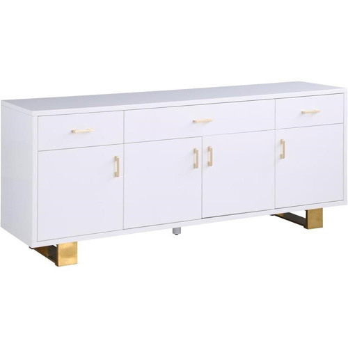 355 Excel Collection Modern | Contemporary Wood Frame Sideboard/Buffet Table with Durable Stainless Steel Base, Rich White Lacquer Top, Gold Finish, 72" W x 18" D x 31" H