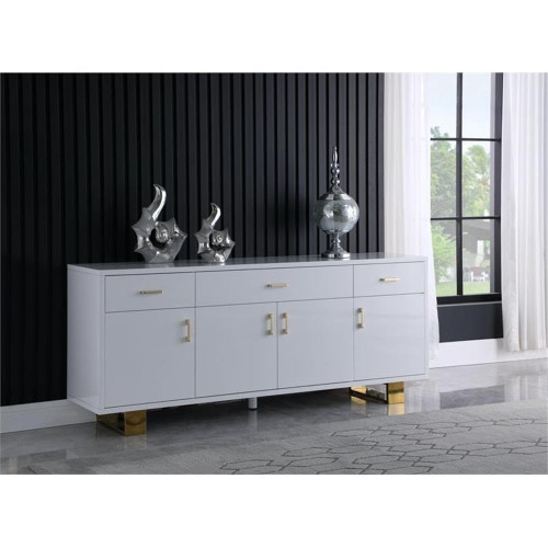 355 Excel Collection Modern | Contemporary Wood Frame Sideboard/Buffet Table with Durable Stainless Steel Base, Rich White Lacquer Top, Gold Finish, 72" W x 18" D x 31" H
