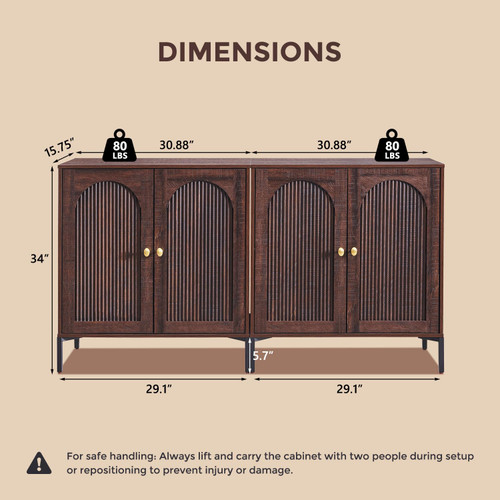 61.75" W Modern Arched Sideboard Buffet Cabinet with Storage, Brown
