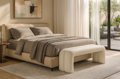 Boucle Fabric Upholstered Bench with Rich Cream Boucle Fabric and Deep Channel Tuft, 51.5" W x 17.5" D x 19" H, Cream