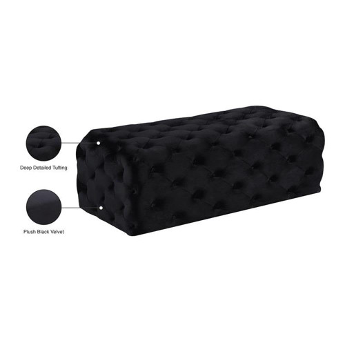 Velvet Upholstered Ottoman/Bench with Deep Button Tufting and a Solid Wood Frame, 52" W x 22.5" D x 18" H, Black