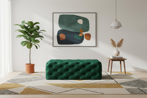 Green Velvet Upholstered Ottoman/Bench with Deep Button Tufting, Solid Wood Frame, 52" W x 22.5" D x 18" H, Green
