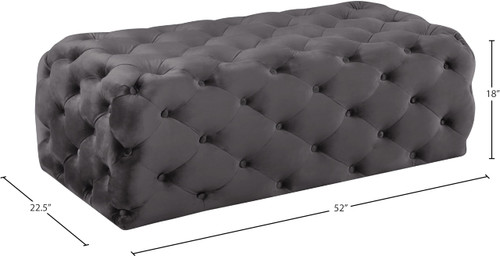 Grey Velvet Upholstered Ottoman/Bench with Deep Button Tufting, Solid Wood Frame, 52" W x 22.5" D x 18" H, Grey