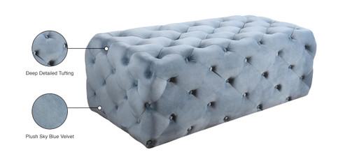 Sky Blue Velvet Upholstered Ottoman/Bench with Deep Button Tufting, Solid Wood Frame, 52" W x 22.5" D x 18" H, Sky Blue
