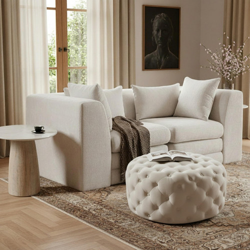 Velvet Upholstered Ottoman / Bench with Deep Button Tufting, Solid Wood Frame, Cream, 36" W x 36" D x 16.5" H