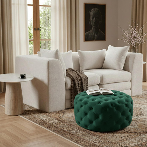 Velvet Upholstered Ottoman / Bench with Deep Button Tufting, Solid Wood Frame, Green, 36" W x 36" D x 16.5" H