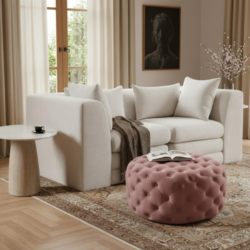 Velvet Upholstered Ottoman / Bench with Deep Button Tufting, Solid Wood Frame, Pink, 36" W x 36" D x 16.5" H