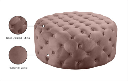 Velvet Upholstered Ottoman / Bench with Deep Button Tufting, Solid Wood Frame, Pink, 36" W x 36" D x 16.5" H