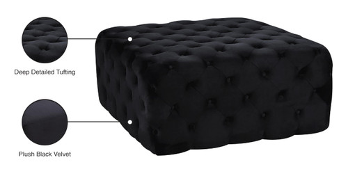 Black Velvet Upholstered Ottoman/Bench with Deep Button Tufting, Solid Wood Frame, Square,