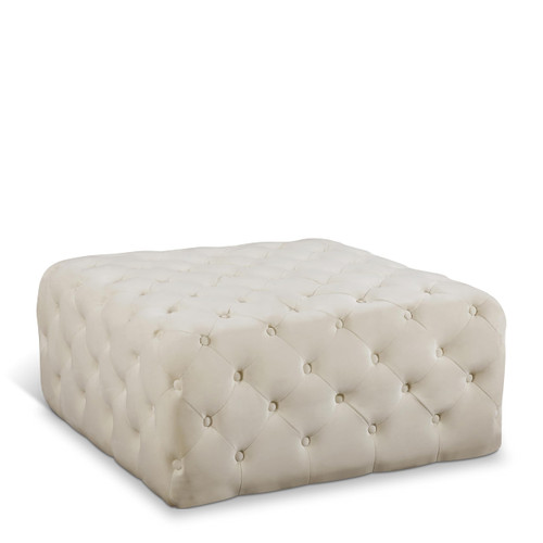 Cream Velvet Upholstered Ottoman/Bench with Deep Button Tufting, Solid Wood Frame, Square, Black