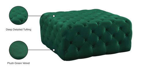 Green Velvet Upholstered Ottoman/Bench with Deep Button Tufting, Solid Wood Frame, Square,