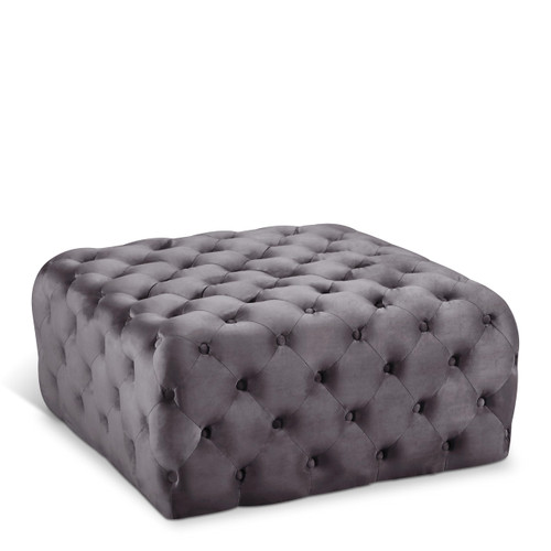 Grey Velvet Upholstered Ottoman/Bench with Deep Button Tufting, Solid Wood Frame, Square,