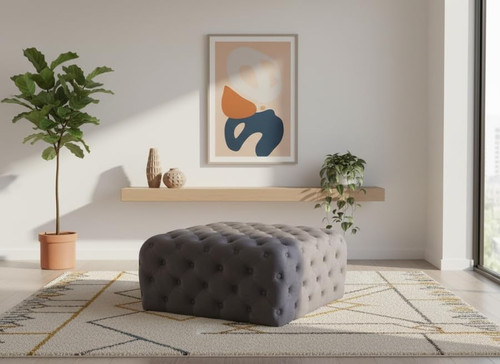 Grey Velvet Upholstered Ottoman/Bench with Deep Button Tufting, Solid Wood Frame, Square,
