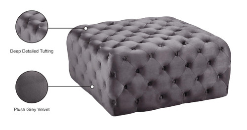 Grey Velvet Upholstered Ottoman/Bench with Deep Button Tufting, Solid Wood Frame, Square,