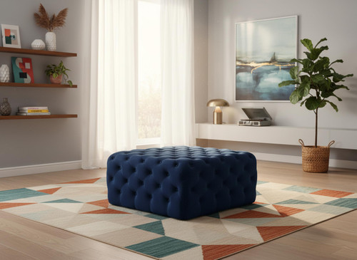 Navy Velvet Upholstered Ottoman/Bench with Deep Button Tufting, Solid Wood Frame, Square,