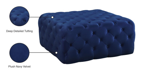 Navy Velvet Upholstered Ottoman/Bench with Deep Button Tufting, Solid Wood Frame, Square,