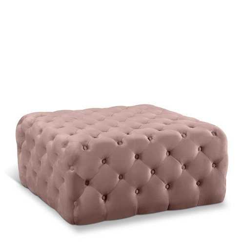 Pink Velvet Upholstered Ottoman/Bench with Deep Button Tufting, Solid Wood Frame, Square,