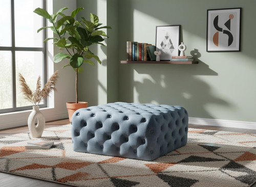 Sky Blue Velvet Upholstered Ottoman/Bench with Deep Button Tufting, Solid Wood Frame, Square,