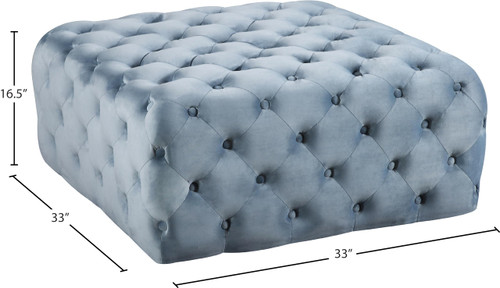 Sky Blue Velvet Upholstered Ottoman/Bench with Deep Button Tufting, Solid Wood Frame, Square,