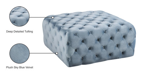 Sky Blue Velvet Upholstered Ottoman/Bench with Deep Button Tufting, Solid Wood Frame, Square,