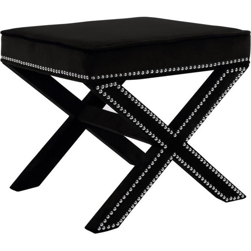 Velvet Upholstered Ottoman / Bench with X-Leg Design, Deep Button Tufting and a Solid Wood Frame Black 20.5" W x 20.5" D x 19" H