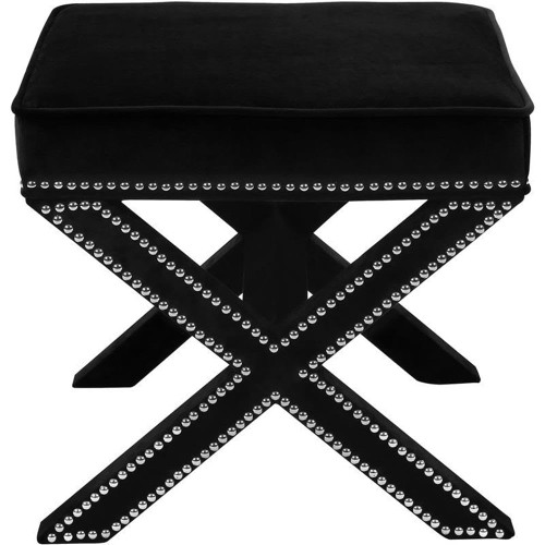 Velvet Upholstered Ottoman / Bench with X-Leg Design, Deep Button Tufting and a Solid Wood Frame Black 20.5" W x 20.5" D x 19" H