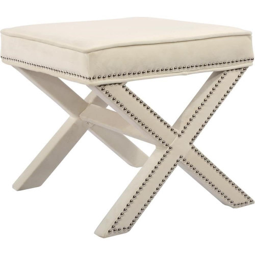 Velvet Upholstered Ottoman / Bench with X-Leg Design, Deep Button Tufting and a Solid Wood Frame Cream 20.5" W x 20.5" D x 19" H