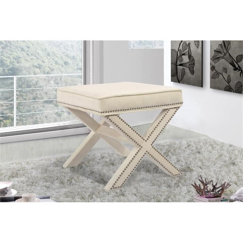 Velvet Upholstered Ottoman / Bench with X-Leg Design, Deep Button Tufting and a Solid Wood Frame Cream 20.5" W x 20.5" D x 19" H