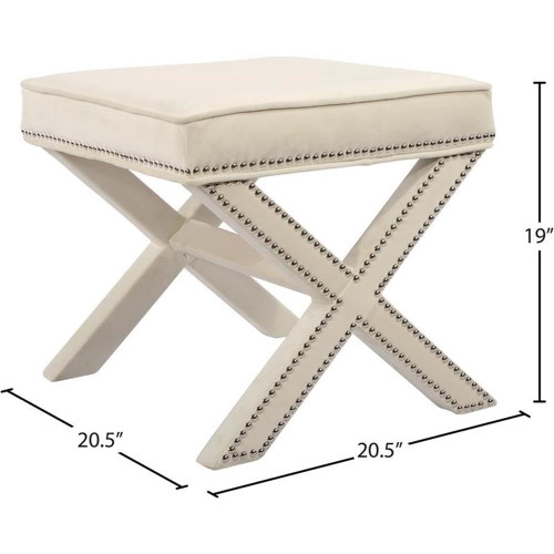 Velvet Upholstered Ottoman / Bench with X-Leg Design, Deep Button Tufting and a Solid Wood Frame Cream 20.5" W x 20.5" D x 19" H