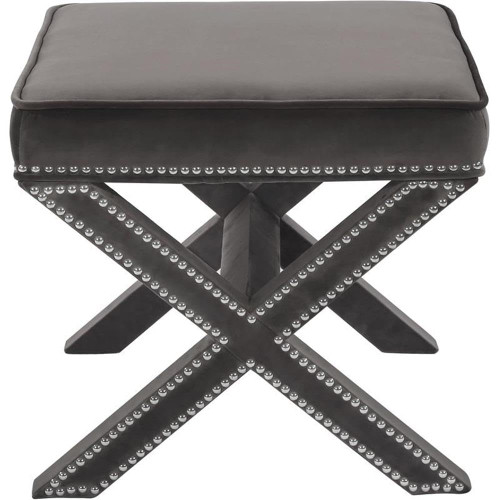 Velvet Upholstered Ottoman/Bench with X-Leg Design, Deep Button Tufting and a Solid Wood Frame Grey 20.5" W x 20.5" D x 19" H