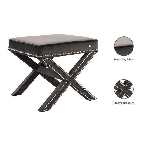 Velvet Upholstered Ottoman/Bench with X-Leg Design, Deep Button Tufting and a Solid Wood Frame Grey 20.5" W x 20.5" D x 19" H