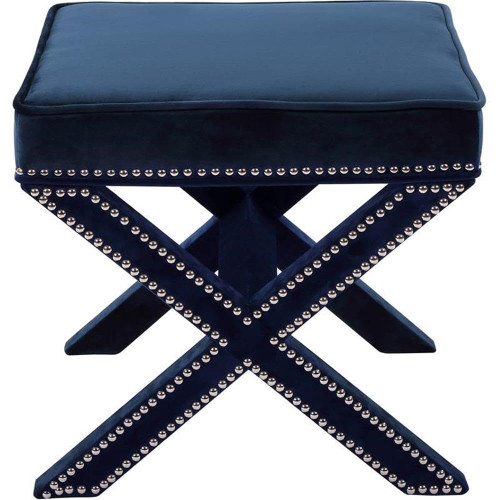 Velvet Upholstered Ottoman/Bench with X-Leg Design, Deep Button Tufting and a Solid Wood Frame Navy 20.5" W x 20.5" D x 19" H