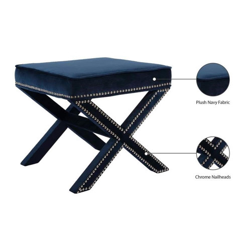 Velvet Upholstered Ottoman/Bench with X-Leg Design, Deep Button Tufting and a Solid Wood Frame Navy 20.5" W x 20.5" D x 19" H