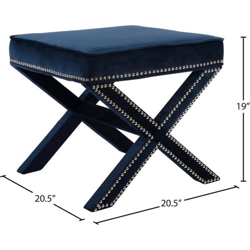 Velvet Upholstered Ottoman/Bench with X-Leg Design, Deep Button Tufting and a Solid Wood Frame Navy 20.5" W x 20.5" D x 19" H