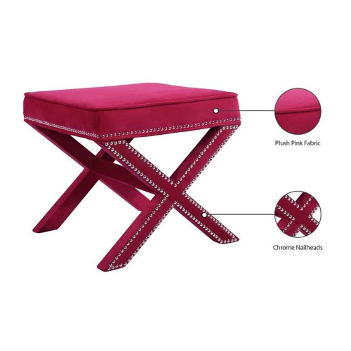 Velvet Upholstered Ottoman / Bench with X-Leg Design, Deep Button Tufting and a Solid Wood Frame Pink 20.5" W x 20.5" D x 19" H