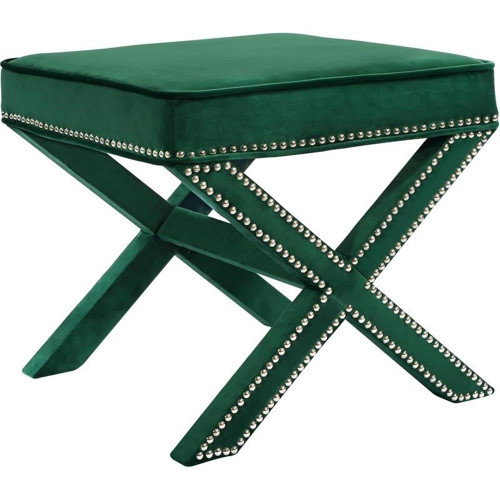 Velvet Upholstered Ottoman/Bench with X-Leg Design, Deep Button Tufting and a Solid Wood Frame Green 20.5" W x 20.5" D x 19" H