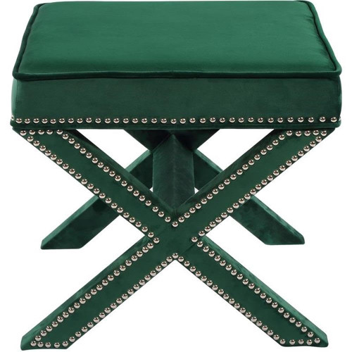 Velvet Upholstered Ottoman/Bench with X-Leg Design, Deep Button Tufting and a Solid Wood Frame Green 20.5" W x 20.5" D x 19" H