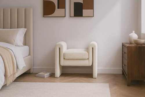 Boucle Fabric Upholstered Bench with Rich Cream Boucle Fabric and Curved Arms, 31" W x 17" D x 24.5" H, Cream