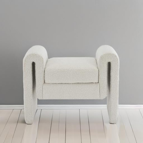 Boucle Fabric Upholstered Bench with Rich Cream Boucle Fabric and Curved Arms, 31" W x 17" D x 24.5" H, Cream