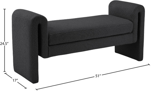 Boucle Fabric Upholstered Bench with Rich Black Boucle Fabric and Curved Arms, 51" W x 17" D x 24.5" H, Black