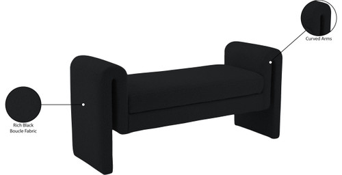 Boucle Fabric Upholstered Bench with Rich Black Boucle Fabric and Curved Arms, 51" W x 17" D x 24.5" H, Black