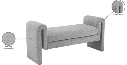 Boucle Fabric Upholstered Bench with Rich Grey Boucle Fabric and Curved Arms, 51" W x 17" D x 24.5" H, Grey